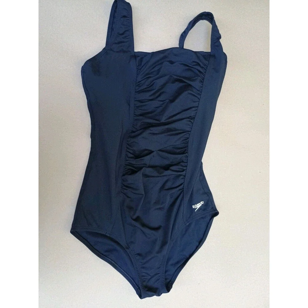 Speedo Endurance Women's Solid Shirred One Piece Tank Swimsuit Black Sz 12